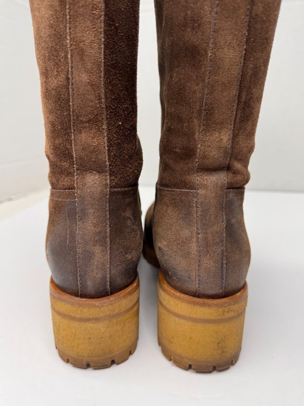 Vintage Prada Milano Brown Suede Calf Knee Lug Sole Moto Rugged Boots 38.5 US8.5 - Picture 3 of 16
